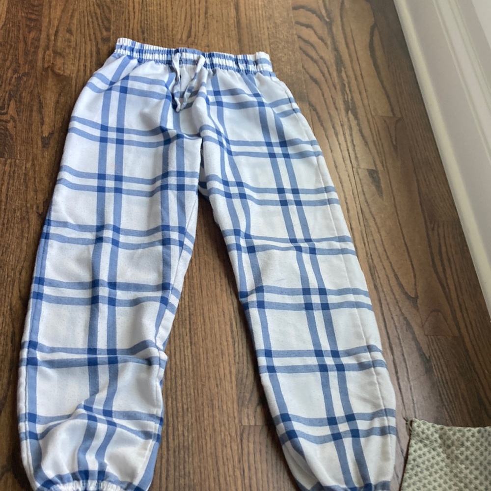 Blue and white flannel jogger pajama pants